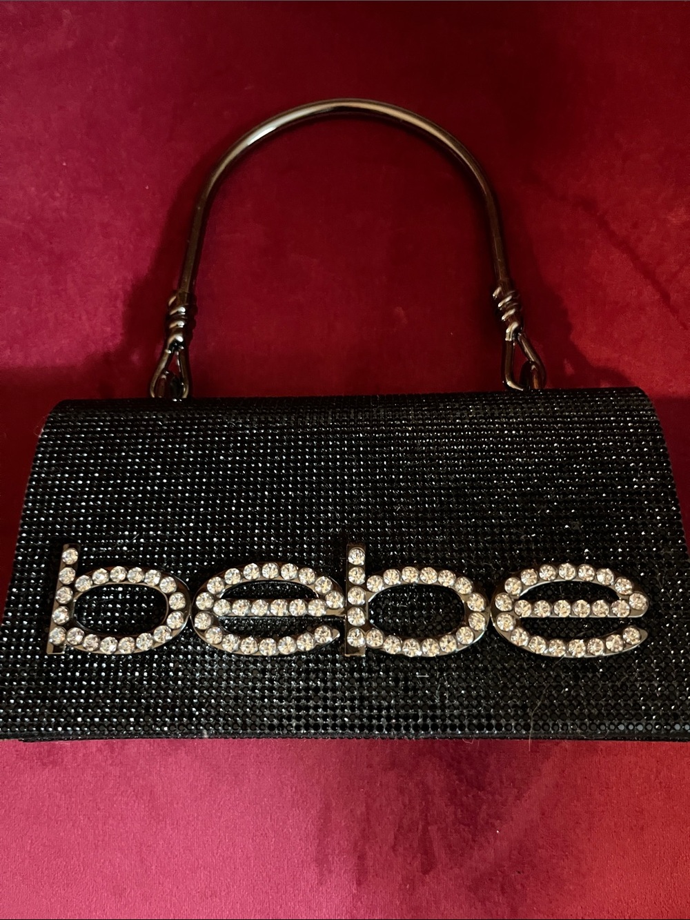 bebe Black Crystal Logo Top-Handle Clutch